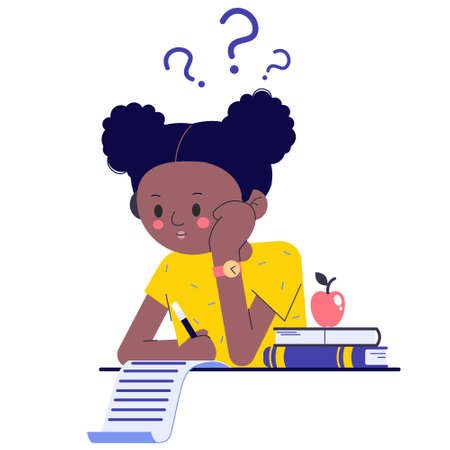 A schoolgirl in class or in an exam thinking about how to do her homework or assignments. The African-American girl is thinking about it. Flat vector illustration with question marks.のイラスト素材