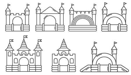 Set of bouncy inflatable castle. Tower and equipment for child playground. Vector outline illustration isolated on white background.のイラスト素材