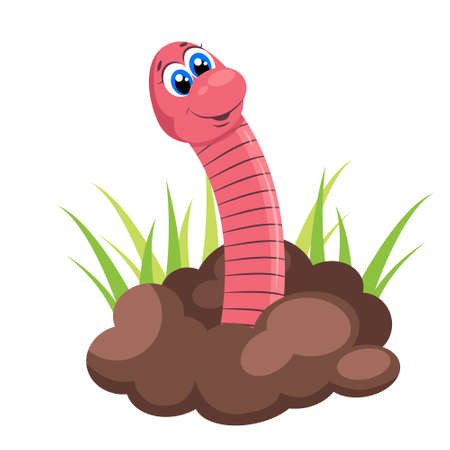 Earth worm coming out of the ground. Green grass. Flat farming and agriculture cartoon illustration. Worm in soilのイラスト素材