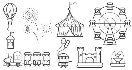 Amusement park outline icon set. Ferris wheel, circus, rides, balloon, bouncy castle, train, fireworks, fountain shopping cart. Vector line objectsのイラスト素材
