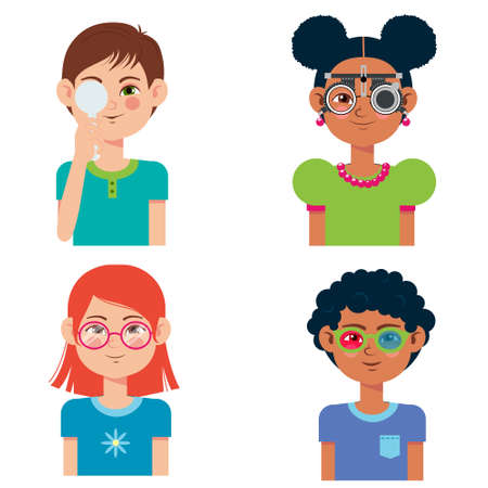 Children vision checkup in ophthalmological clinic. Optometrist checking kid eyesight with spectacles medical equipment. Glasses lens selection.のイラスト素材