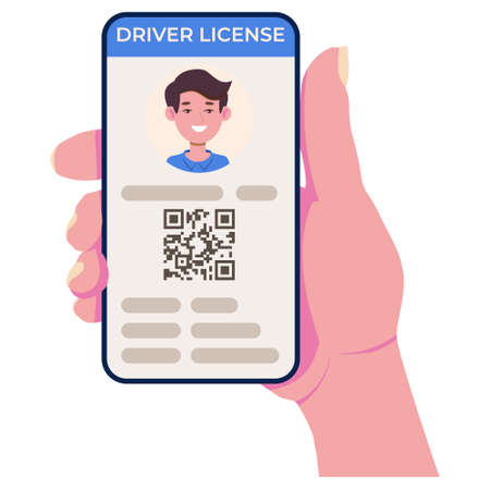 Driving license on the cell phone screen. Mobile app for personal identification. Vector...