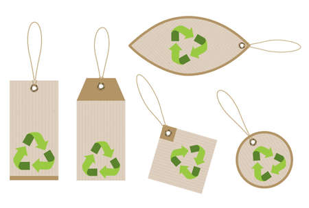 Set of eco friendly tags on craft paper with rope. Bio recycled isolated vector set.のイラスト素材