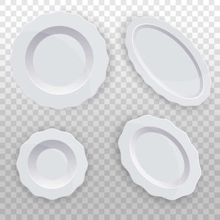 Set of white plates with a wavy edge. Clean tableware for the kitchen. Porcelain. Vector template for food display. Top viewのイラスト素材