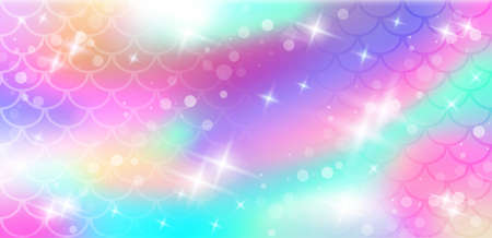 Holographic background with mermaid scales and magic stars. A pattern with a mermaids tail on a gradient. Marine underwater pattern. Vectorのイラスト素材