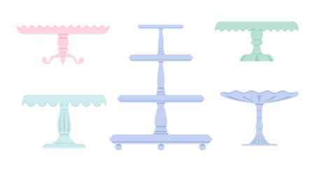 Set of cake stands in flat icon style. Empty trays for fruit and desserts. Vector illustration.のイラスト素材