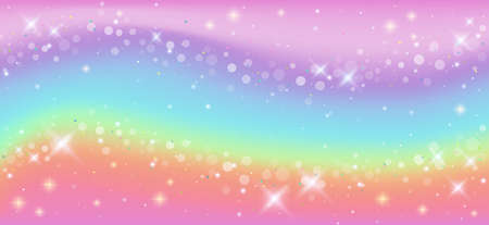 Rainbow fantasy background. Holographic illustration in pastel colors. Cute cartoon girly background. Bright multicolored sky with stars and bokeh. Vector.のイラスト素材