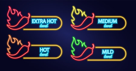 Neon icon set chilli with fire. Signboard with hot burning pepper. Spice Levels vector illustration. Night bright signs.のイラスト素材