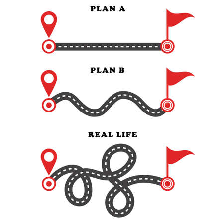 The concept of a plan with an easy route A, a difficult option B and a real life way. Expectation and reality.のイラスト素材