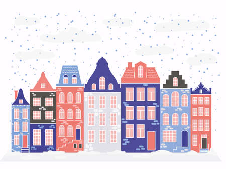 Row of Amsterdam style houses. Facades of European old buildings for Christmas decoration. Vector flat illustrationのイラスト素材