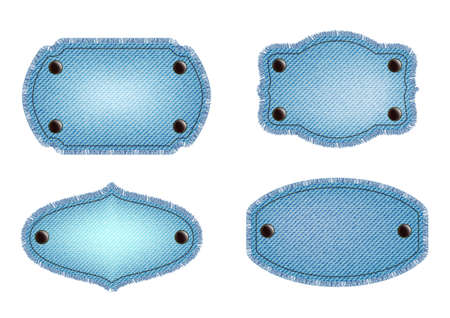 Set of blue denim patches with stitch, rivets and fringe. Light blue denim. Vintage patchesのイラスト素材