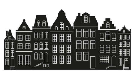 Silhouette of a row Amsterdam style houses. Facades of European old buildings for Christmas decoration. Vectorのイラスト素材