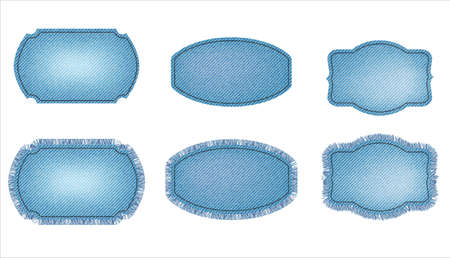 Set of blue denim patches with stitch and fringe. Light blue denim. Patches of different shapesのイラスト素材