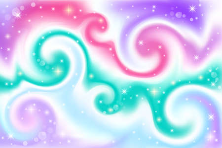 Fantasy background. Holographic illustration in pastel colors. Cute cartoon girly background. Bright multicolored sky with stars and bokeh. Vector.のイラスト素材