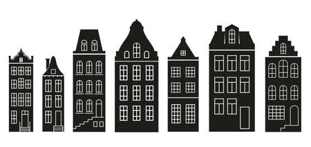 Silhouette of a row Amsterdam style houses. Facades of European old buildings for Christmas decoration. Vector setのイラスト素材
