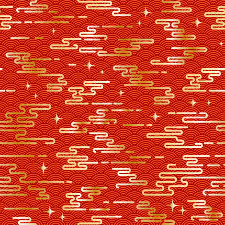 Chinese vintage cloud seamless pattern. Red background with golden sky and stars. Traditional oriental ornament. Vectorのイラスト素材