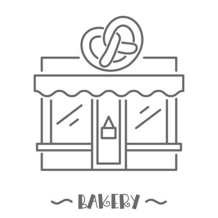 Bakery shop icon. Patisserie front with signboard. Pastry store. Facade of market. Outline vector illustration.のイラスト素材