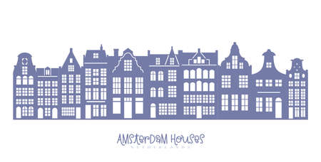Silhouette of a row Amsterdam houses. Facades of European old buildings for Christmas decoration. Holland homes. Vectorのイラスト素材