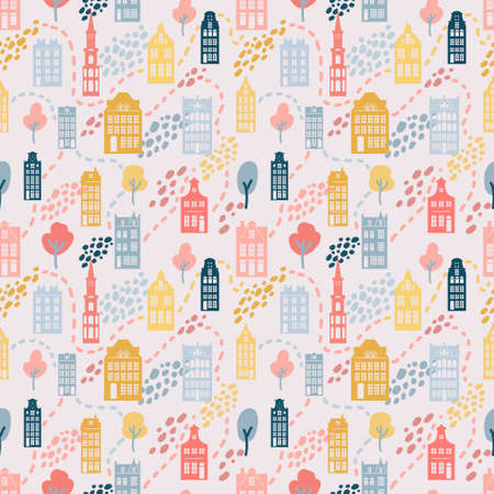 European old houses. Hand drawn seamless pattern with old european buildings. German, Netherlands style homes. Cute vector background.のイラスト素材
