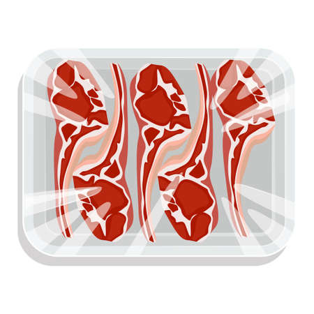 Steak on the bone. A piece of meat in a vacuum pack. Pork and beef in a plastic tray. Vector illustration.のイラスト素材