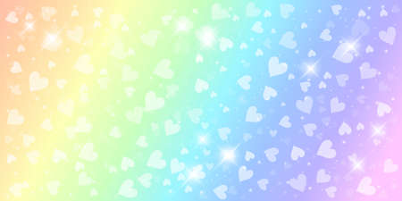 Rainbow fantasy background. Holographic illustration in pastel colors. Cute cartoon girly background. Bright multicolored sky with bokeh and hearts. Vector.のイラスト素材