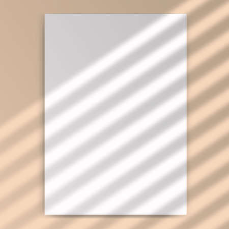 Vertical mock up of empty paper blank. Reflected blinds shadow from window. Realistic silhouette effect background. Vectorのイラスト素材