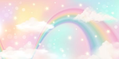 Holographic fantasy rainbow unicorn background with clouds. Pastel color sky. Magical landscape, abstract fabulous pattern. Cute candy wallpaper. Vector.のイラスト素材