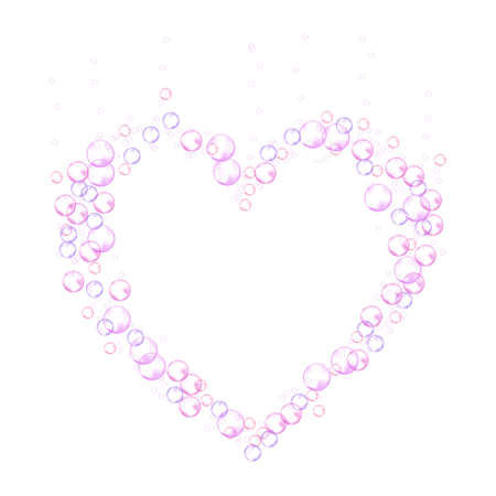 Effervescent bubbles frame in the form of heart. Pink soap foam isolated on white background. Realistic vector illustration. Valentine and love symbol.のイラスト素材