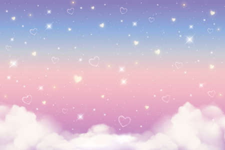 Holographic fantasy rainbow unicorn background with clouds, hearts and stars. Pastel color sky. Magical landscape, abstract fabulous pattern. Cute candy wallpaper. Vectorのイラスト素材