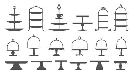 Set of cake stands in flat icon style. Empty trays for fruit and desserts. Vector illustration.のイラスト素材