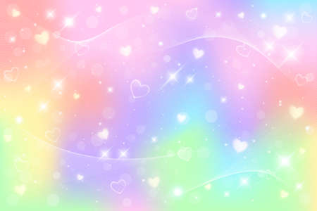 Rainbow fantasy background. Holographic illustration in pastel colors. Cute cartoon girly background. Bright multicolored sky with bokeh and hearts. Vector.のイラスト素材