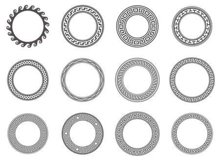 Circle greek frames. Round meander borders. Decoration elements patterns. Vector illustration isolated on white background.のイラスト素材
