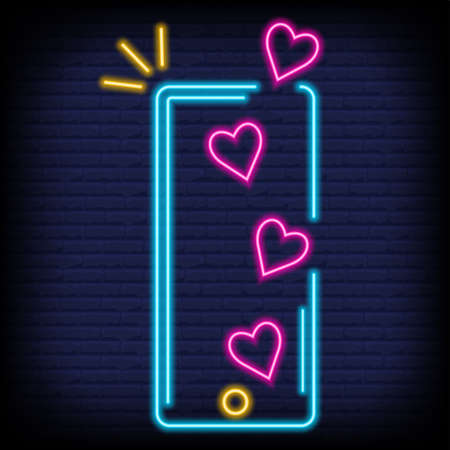 Flying neon hearts on smartphone. Love likes emotions for social media. Positive reaction and feedback. Vectorのイラスト素材