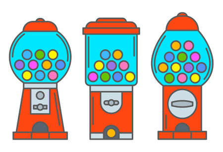 Gumball machine icon set. Retro vending dispenser for candies and bubblegums. Sweets slot vector illustration isolated on white backgroundのイラスト素材