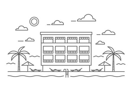 Hotel near the sea with water pool and palms. Outline resort and spa building. Vector illustration.のイラスト素材
