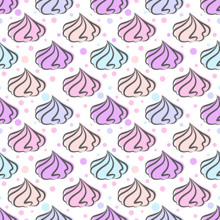 Meringues cookies seamless pattern. Marshmallow and zephyr vector illustration. French sweet cream dessertのイラスト素材