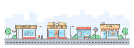 City skyline. Landscape with row houses of bakery, pharmacy, bus stop and post office. Street horizontal panorama. Vector illustrationのイラスト素材