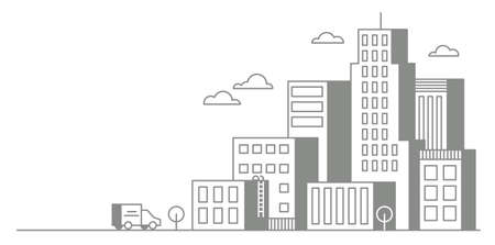 Suburban neighborhood city landscape. Skyscraper houses on the skyline. Homes near the road. Outline vector illustration.のイラスト素材
