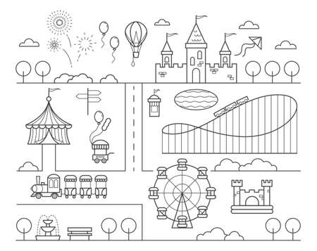 Amusement park map. Circus, ferris wheel rollercoaster and attractions for kids. Children playground. Outline vector illustration.のイラスト素材