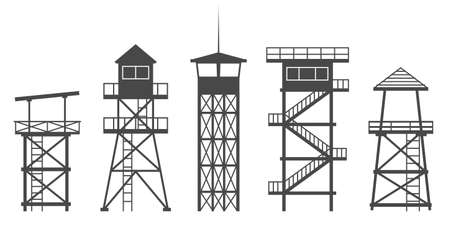 Observation tower in prison, army and for safari hunting. Military camp post silhouette vector illustration.のイラスト素材
