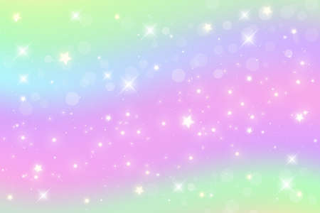 Rainbow fantasy background. Holographic illustration in pastel colors. Cute cartoon girly background. Bright multicolored sky with stars and hearts. Vector.のイラスト素材