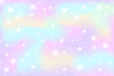 Rainbow fantasy background. Holographic illustration in pastel colors. Multicolored sky with stars and hearts. Vector.のイラスト素材