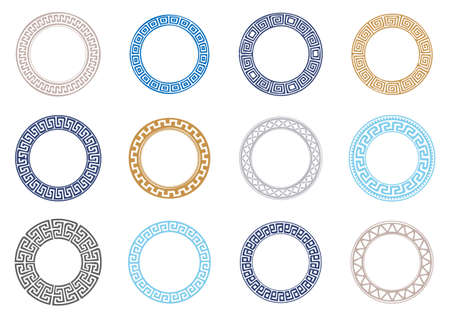 Circle greek frames. Round meander borders. Decoration elements patterns. Vector illustration isolated on white background.のイラスト素材