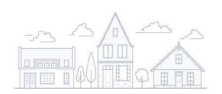 Europe neighborhood houses. Holland suburban with cozy homes. Facades of old traditionsl buildings in Netherlands. Outline vector illustration.のイラスト素材