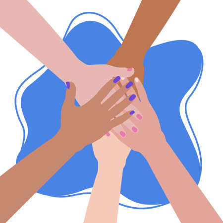 People putting their hands together. Unity and support gesture. Concept of support, teamwork and cooperation. Flat vector illustration.のイラスト素材