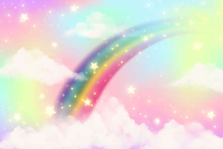 Rainbow background with clouds and sprinkles in watercolor style on pink background. Fantasy pastel color. Realistic vector cartoon illustration.のイラスト素材