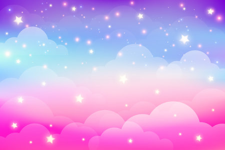Rainbow unicorn background with clouds and stars. Pastel color sky. Magical landscape, abstract fabulous pattern. Cute candy wallpaper. Vector.のイラスト素材