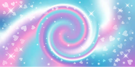 Rainbow swirl background with stars and hearts. Radial gradient rainbow of twisted spiral. Vector illustration.のイラスト素材