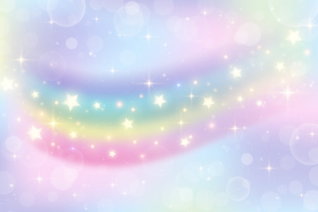 Holographic fantasy rainbow unicorn background. Pastel color sky. Magical landscape, abstract fabulous pattern. Cute candy wallpaper. Vector.のイラスト素材