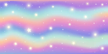 Rainbow fantasy background. Holographic illustration in pastel colors. Cute wavy pattern. Bright multicolored sky and stars. Vector.のイラスト素材
